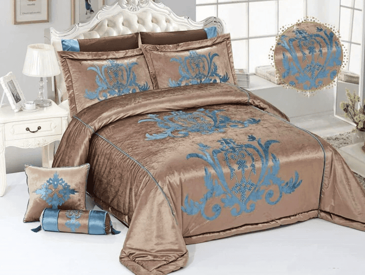 8 Pcs Bridal Velvet Bed Sheet Comforter Set – Imperial Mustard