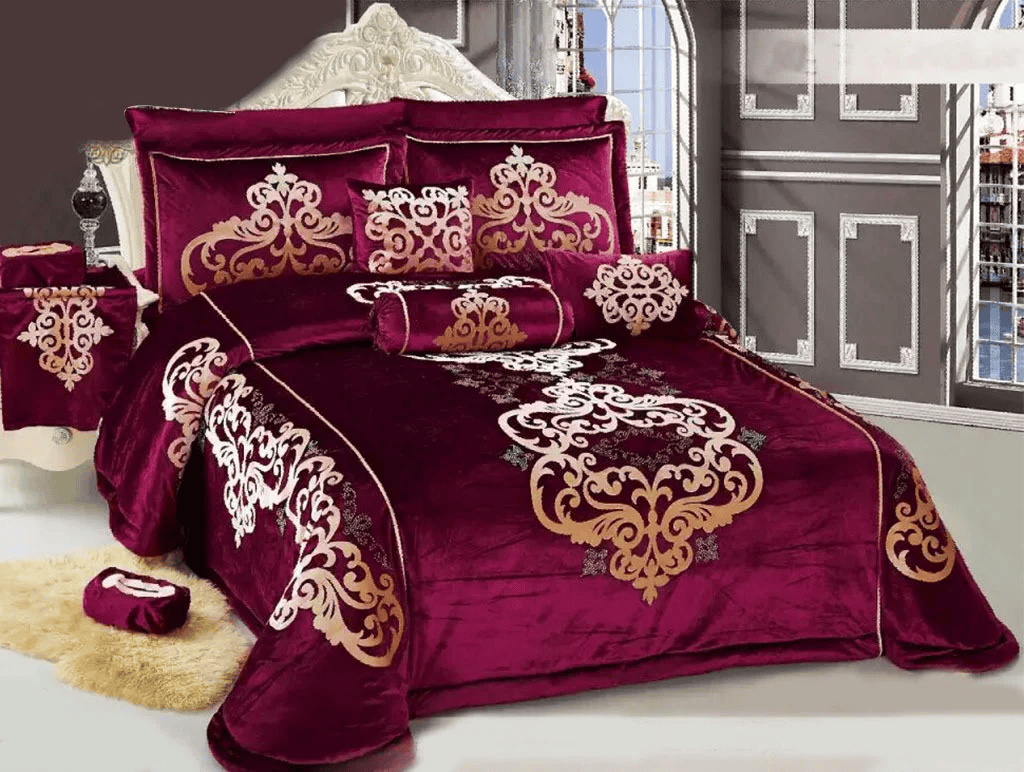 8 Pcs Bridal Velvet Bed Sheet Comforter Set – Purple