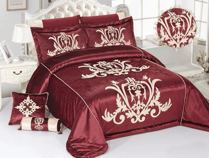 8 Pcs Bridal Velvet Bed Sheet Comforter Set – Royal Maroon