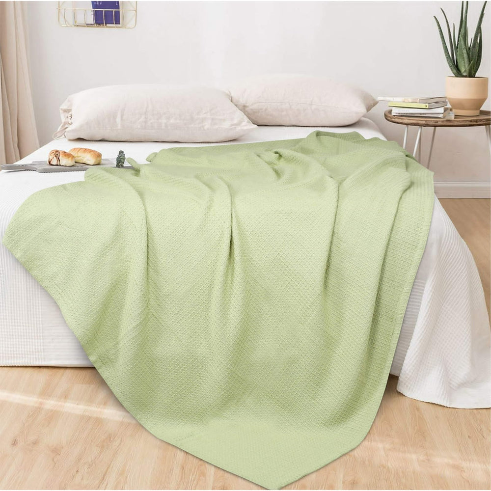 Cotton Waffle Weave Sofa & Bed Throws Blanket for Summer - Ivory Green