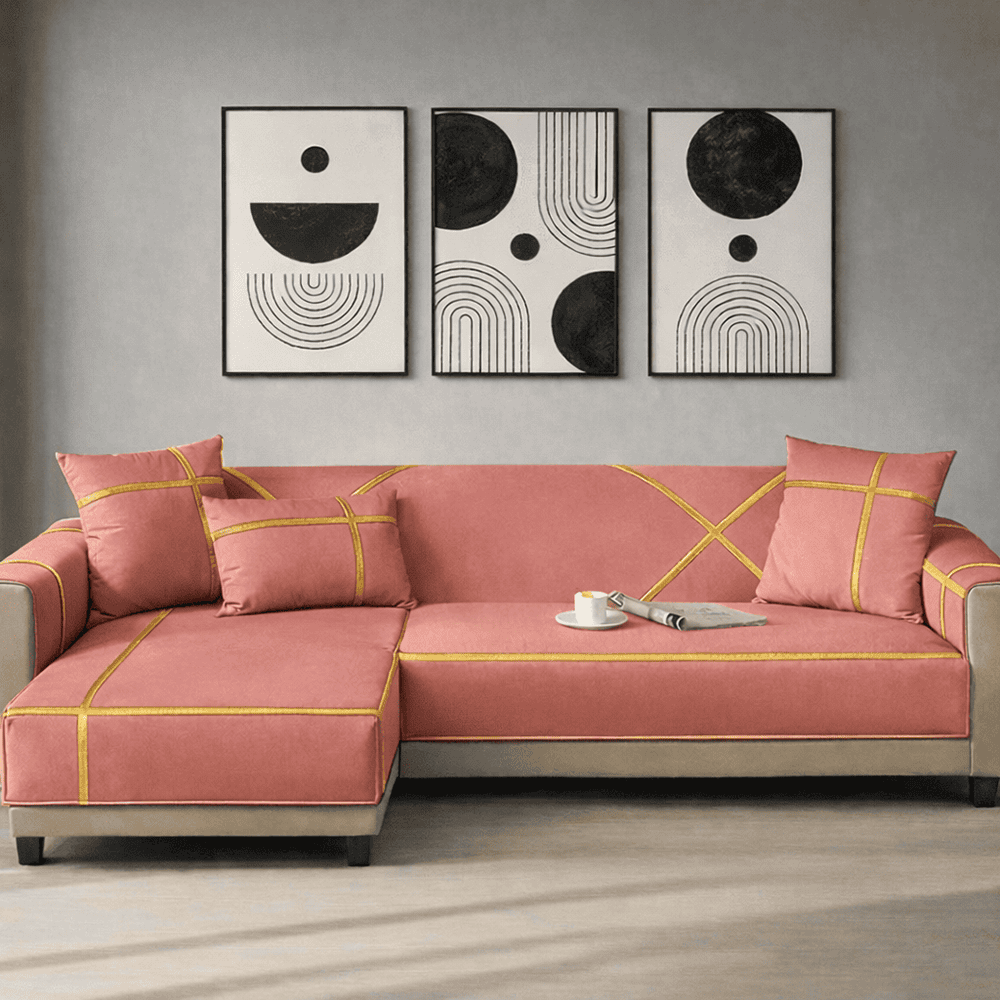 L-Shape Strip Design Velvet Sofa Cover - Rose Gold