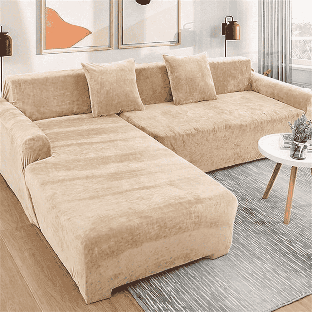 L-Shape Velvet Sofa Cover - Beige