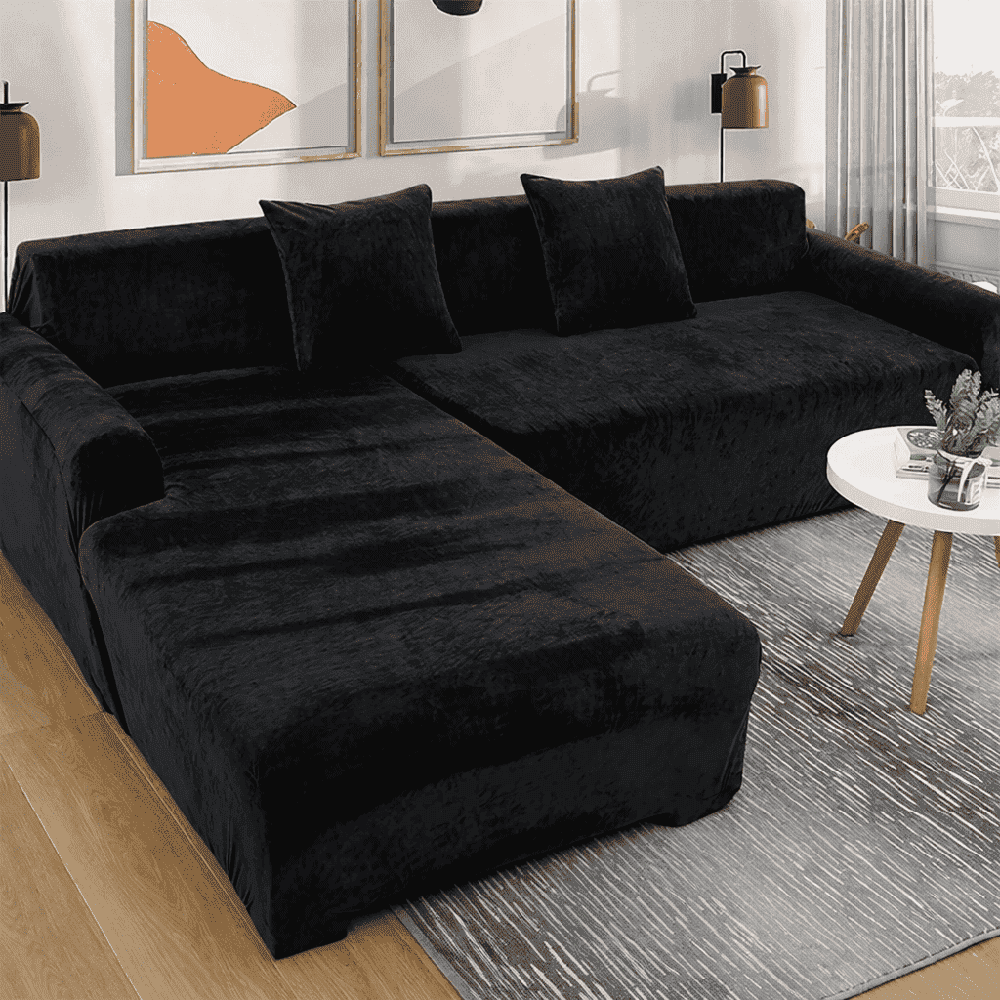 L-Shape Velvet Sofa Cover - Black