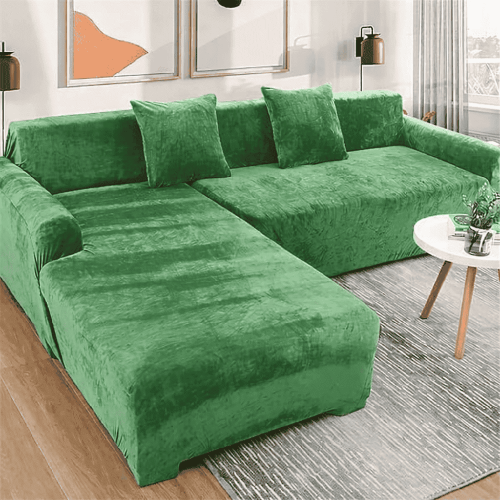 L-Shape Velvet Sofa Cover - Green