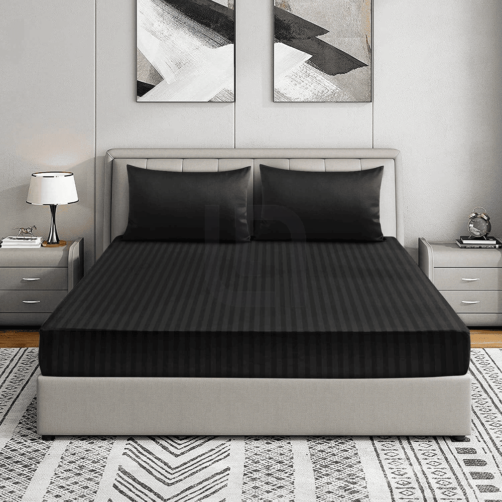 Cotton Sateen Striped Fitted Shee - Black
