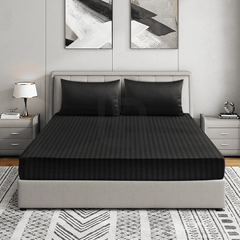 Cotton Sateen Striped Fitted Shee - Black