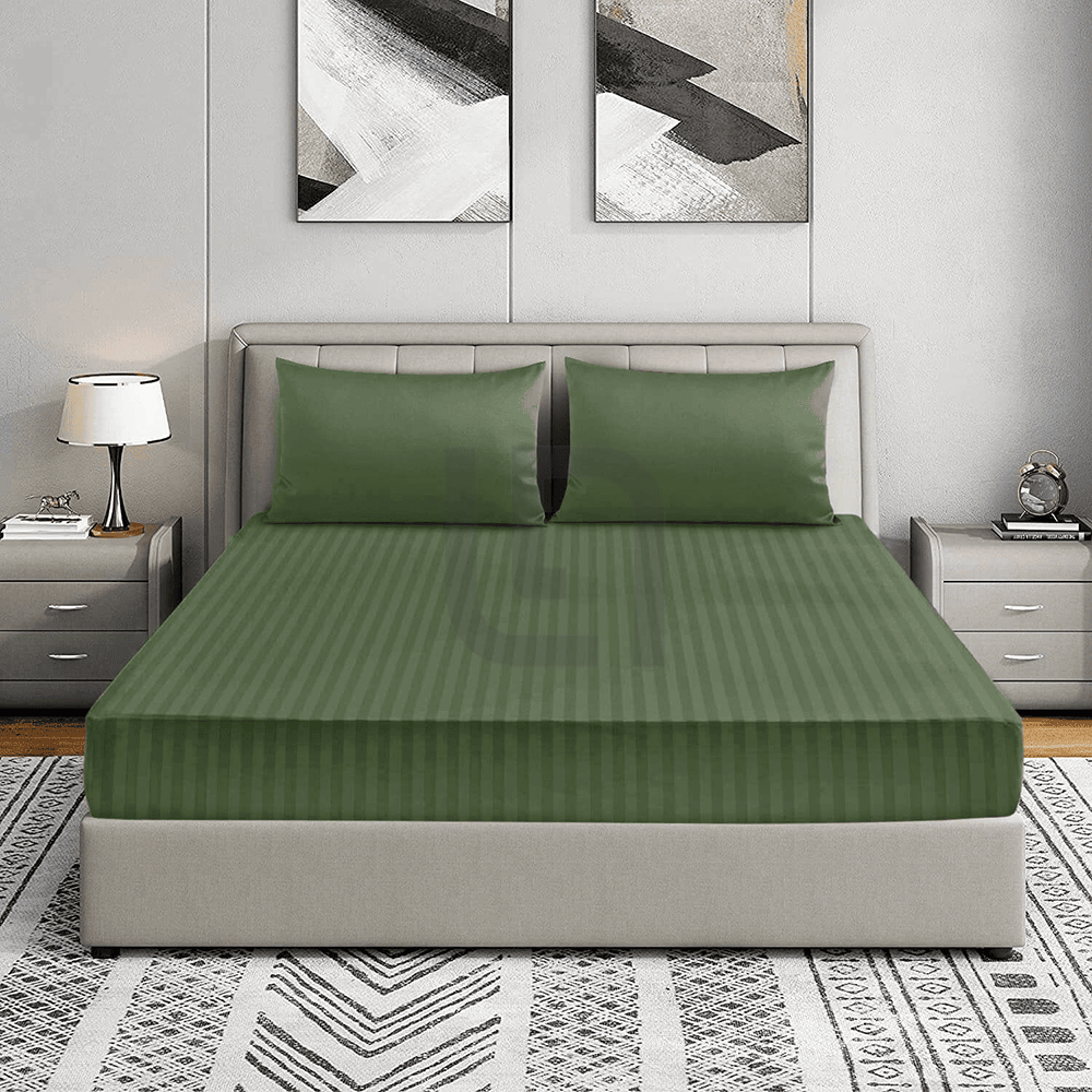 Cotton Sateen Striped Fitted Sheet - Green