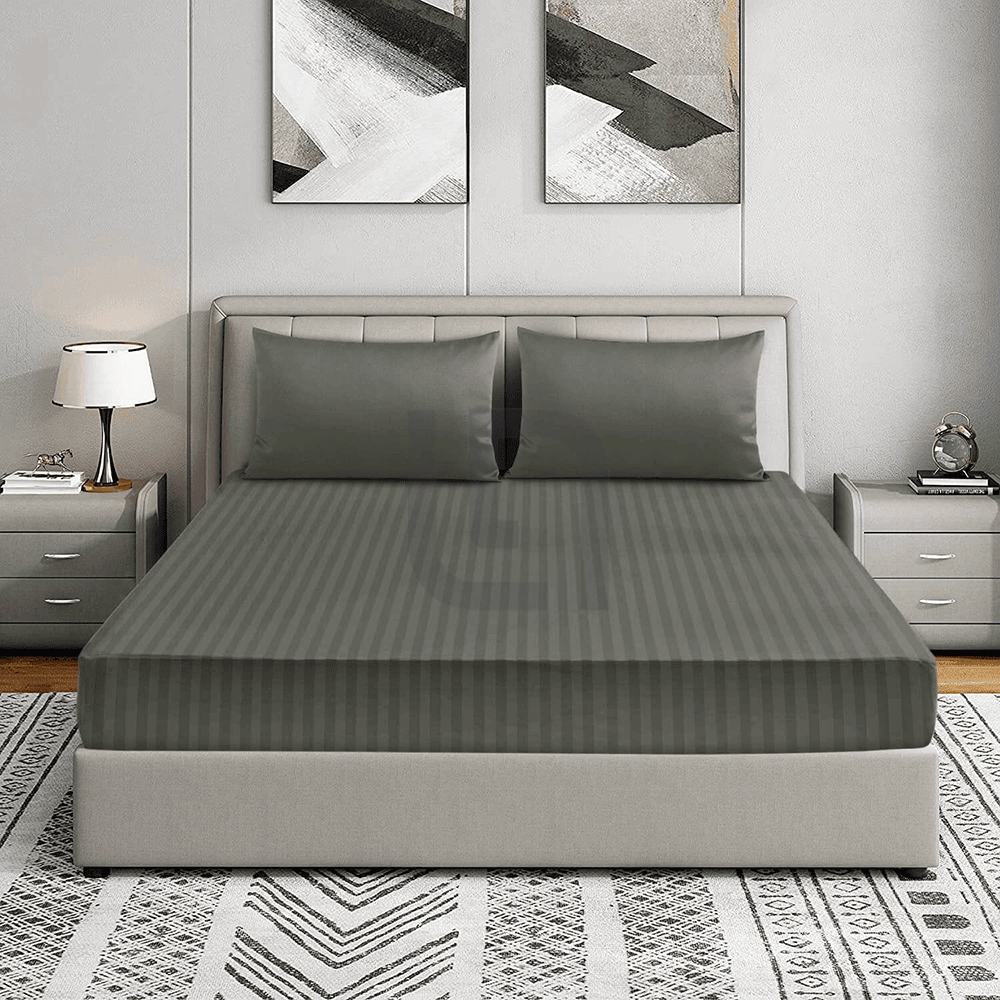 Cotton Sateen Striped Fitted Sheet - Grey