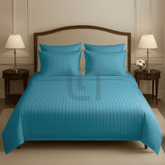 COTTON SATIN NARROW STRIPE BEDSHEET SET - CYAN