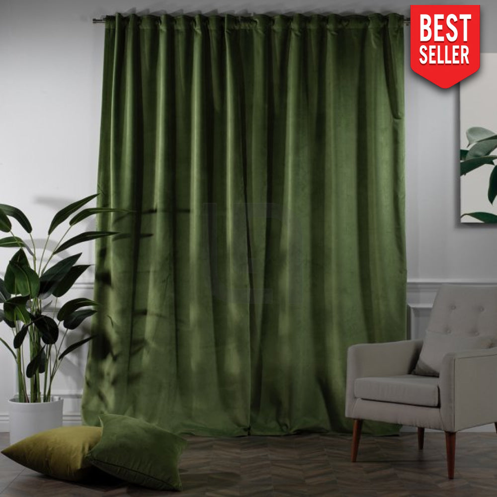 velvet curtains - olive green