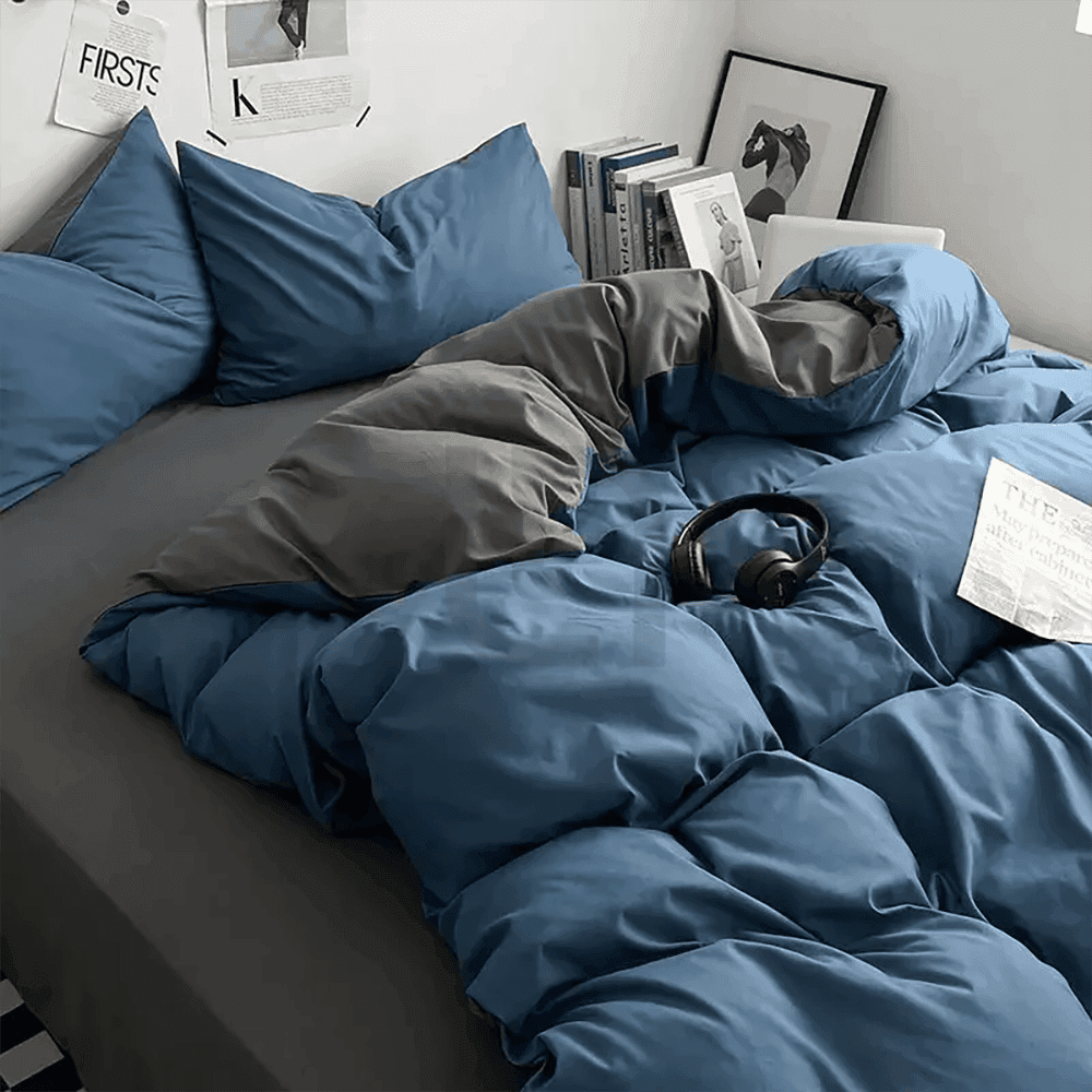 Rich Cotton Reversible Duvet Cover - Blue & Grey