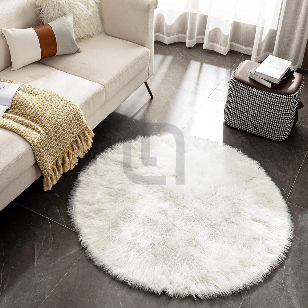Fluffy Faux Fur Mat - Round Shape - White