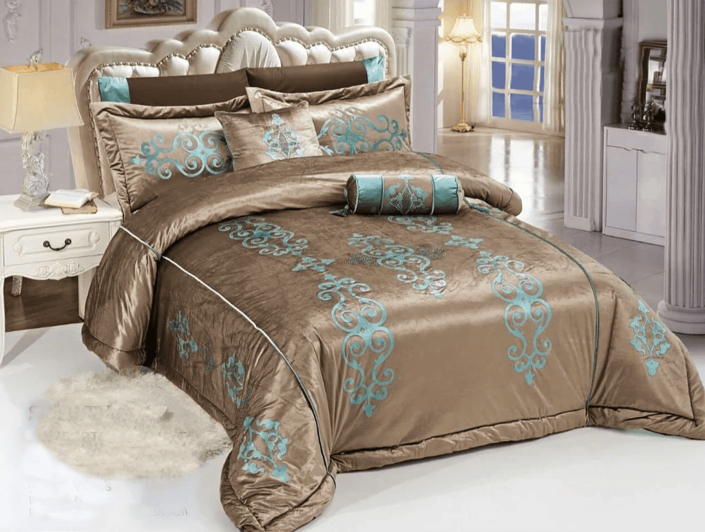 8 Pcs Bridal Velvet Bed Sheet Comforter Set – Cyan Mustard