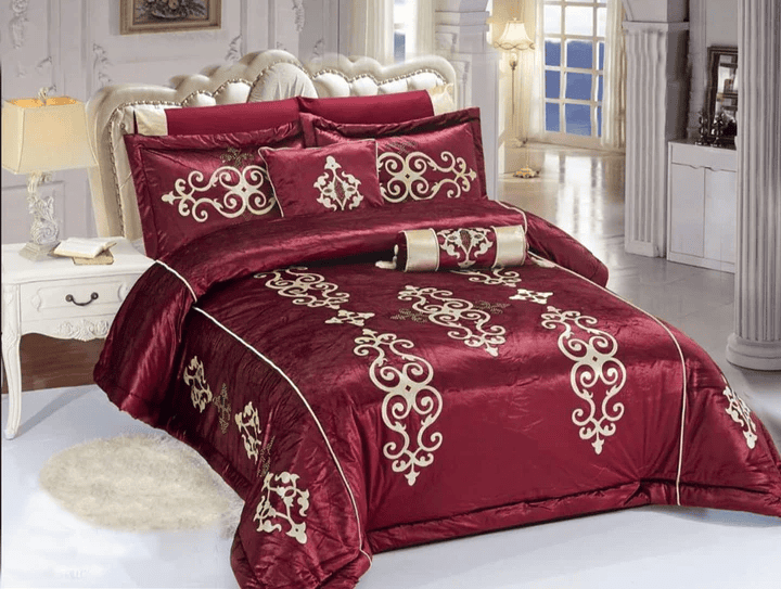 8 Pcs Bridal Velvet Bed Sheet Comforter Set – Elegant Maroon