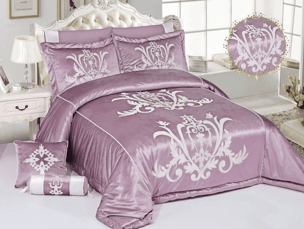 8 Pcs Bridal Velvet Bed Sheet Comforter Set – Light Magenta
