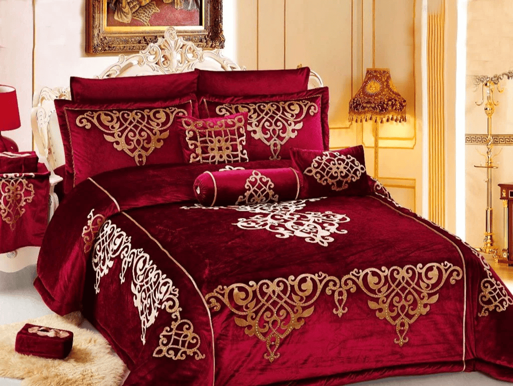 8 Pcs Bridal Velvet Bed Sheet Comforter Set – Maroon