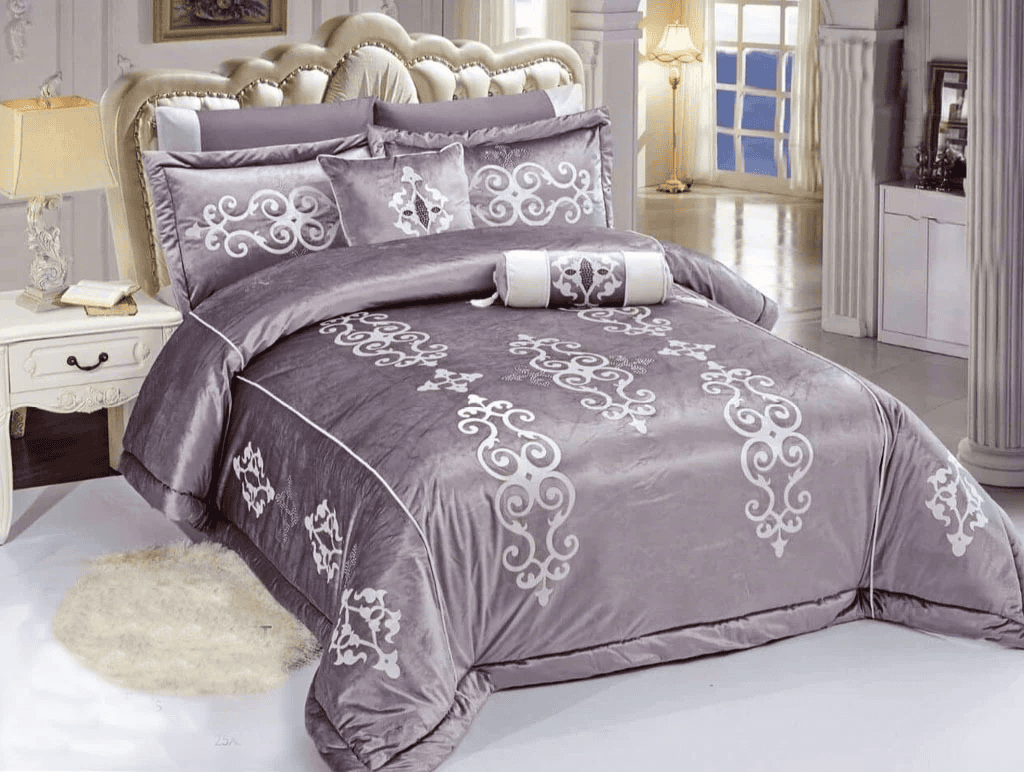 8 Pcs Bridal Velvet Bed Sheet Comforter Set – Purple Grey