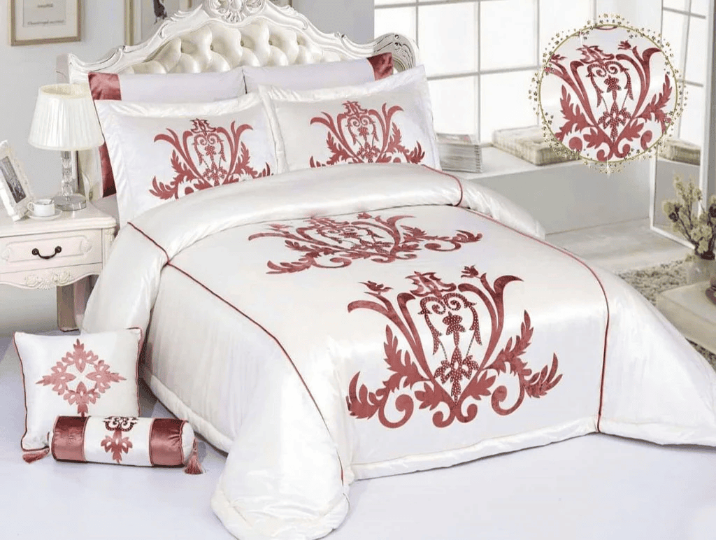 8 Pcs Bridal Velvet Bed Sheet Comforter Set – White Rose Gold