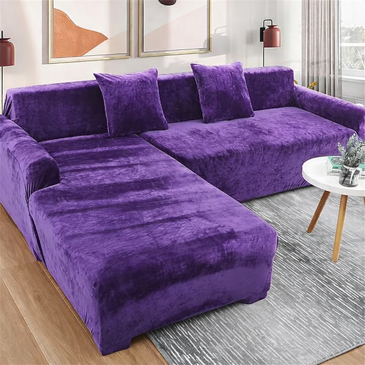 L-Shape Plush Velvet Sofa Cover - Purple