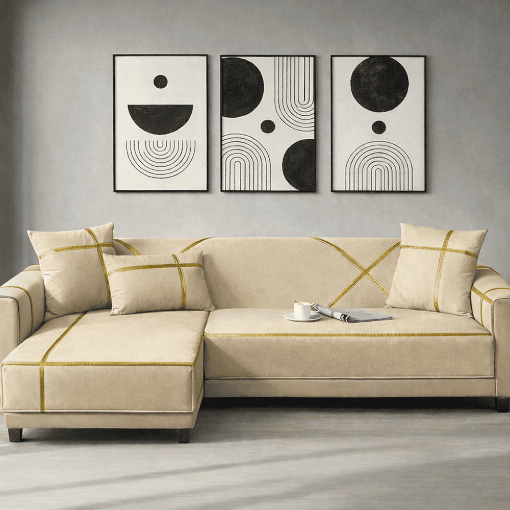 L-Shape Strip Design Velvet Sofa Cover - Beige