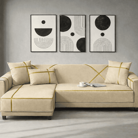 L-Shape Strip Design Velvet Sofa Cover - Beige