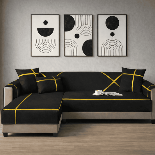 L-Shape Strip Design Velvet Sofa Cover - Black