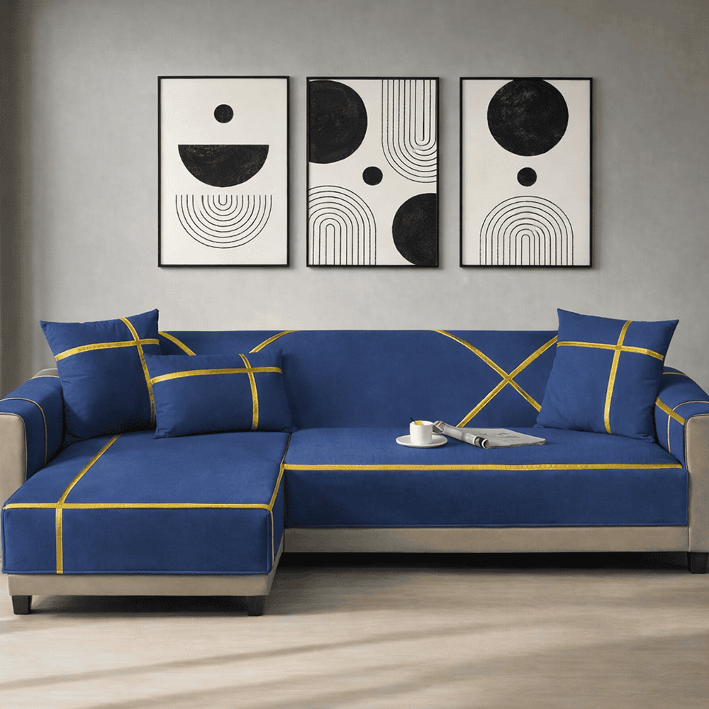 L-Shape Strip Design Velvet Sofa Cover - Blue