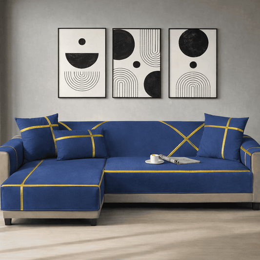 L-Shape Strip Design Velvet Sofa Cover - Blue