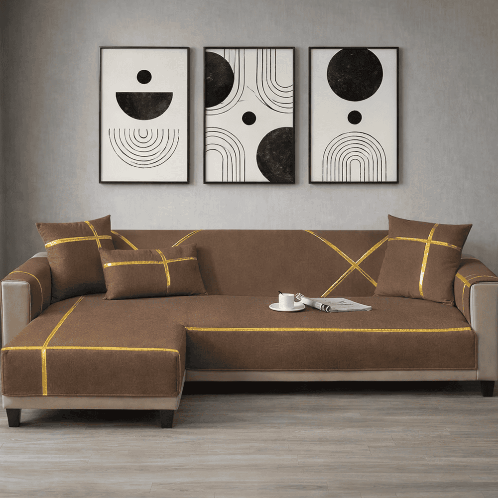 L-Shape Strip Design Velvet Sofa Cover - Brown