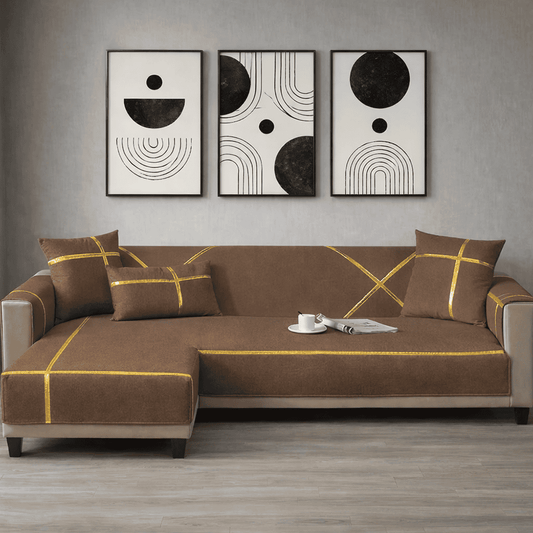 L-Shape Strip Design Velvet Sofa Cover - Brown
