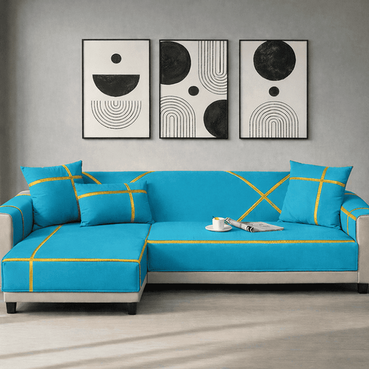 L-Shape Strip Design Velvet Sofa Cover - Cyan