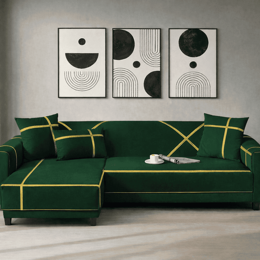 L-Shape Strip Design Velvet Sofa Cover - Dark Green