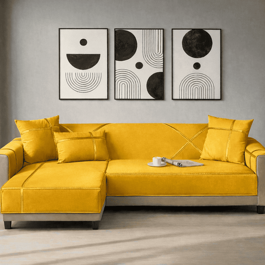 L-Shape Strip Design Velvet Sofa Cover - Golden