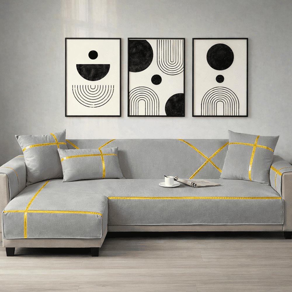 L-Shape Strip Design Velvet Sofa Cover - Grey
