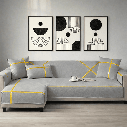 L-Shape Strip Design Velvet Sofa Cover - Grey