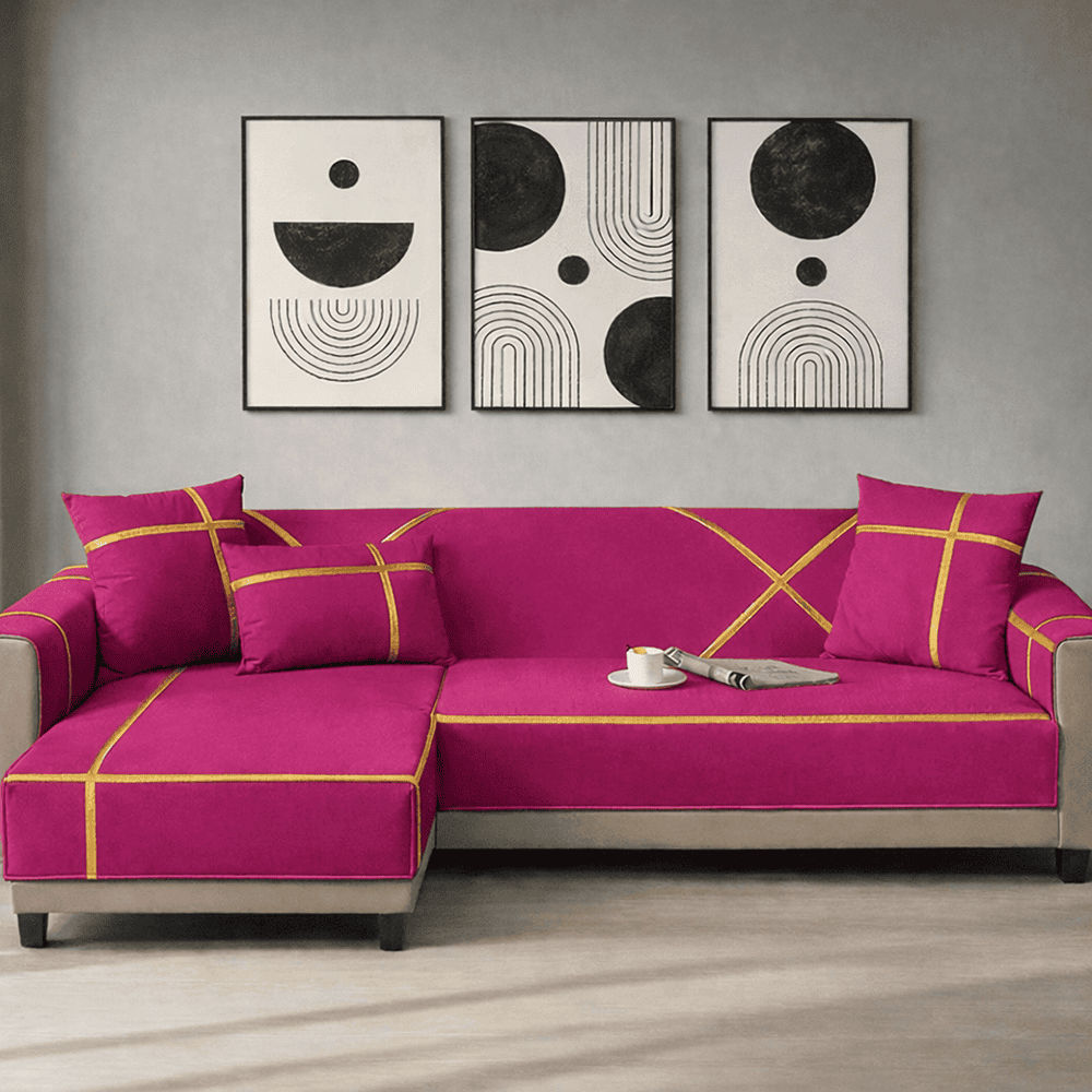 L-Shape Strip Design Velvet Sofa Cover - Magenta