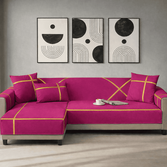 L-Shape Strip Design Velvet Sofa Cover - Magenta