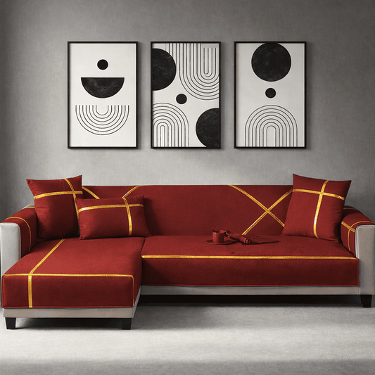 L-Shape Strip Design Velvet Sofa Cover - Maroon