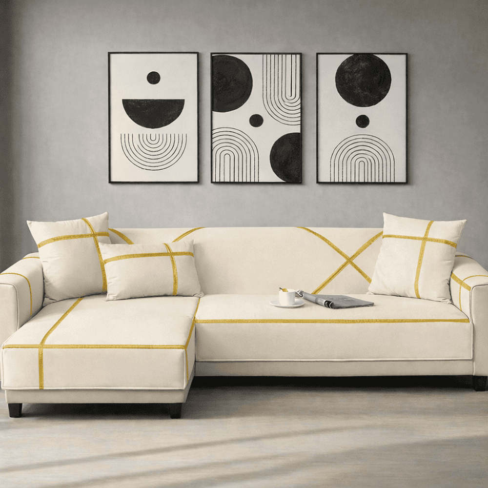 L-Shape Strip Design Velvet Sofa Cover - Off White