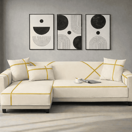 L-Shape Strip Design Velvet Sofa Cover - Off White