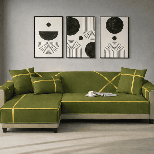 L-Shape Strip Design Velvet Sofa Cover - Olive Green