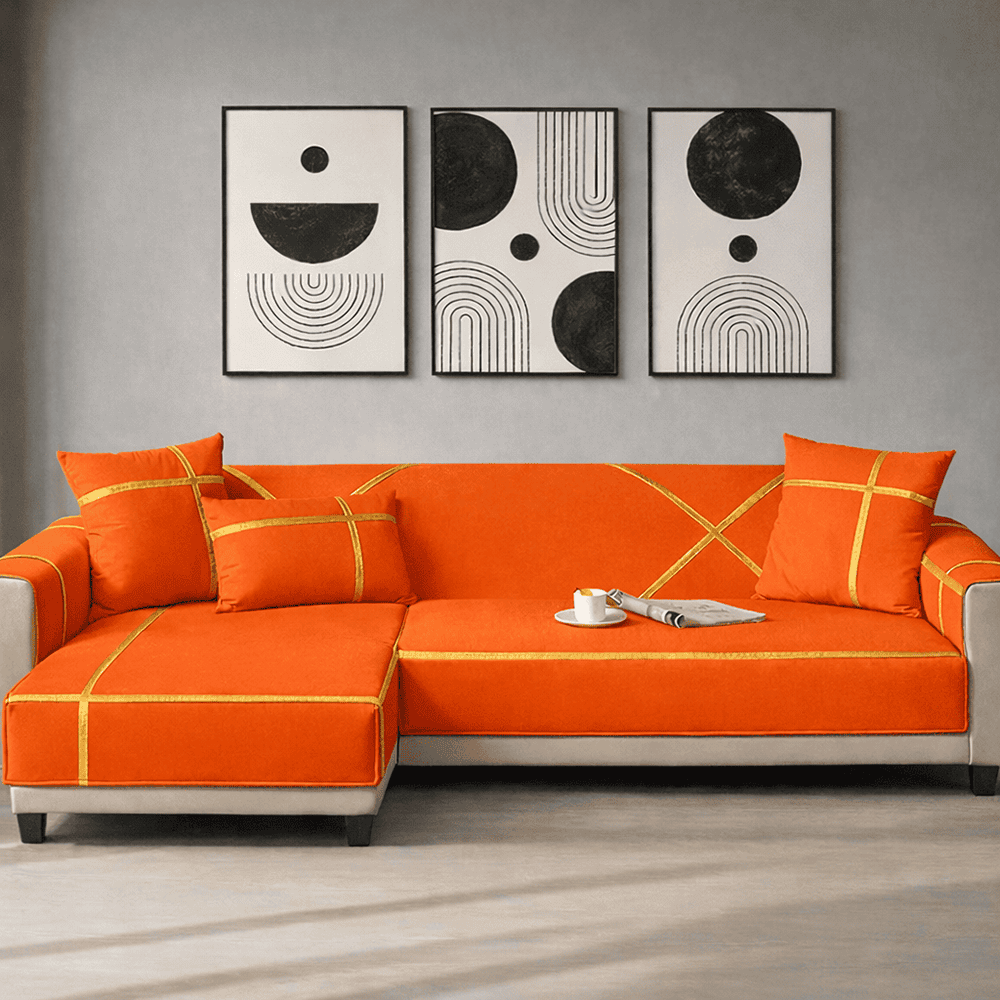 L-Shape Strip Design Velvet Sofa Cover - Orange