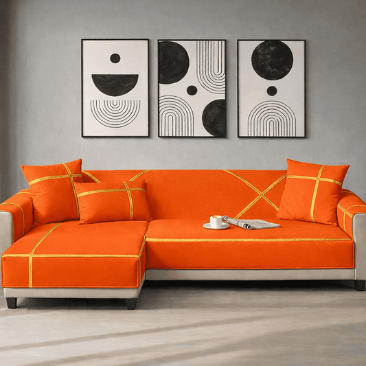 L-Shape Strip Design Velvet Sofa Cover - Orange