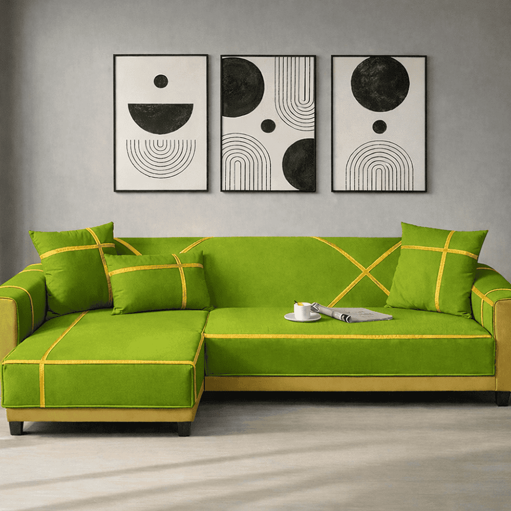 L-Shape Strip Design Velvet Sofa Cover - Parrot Green