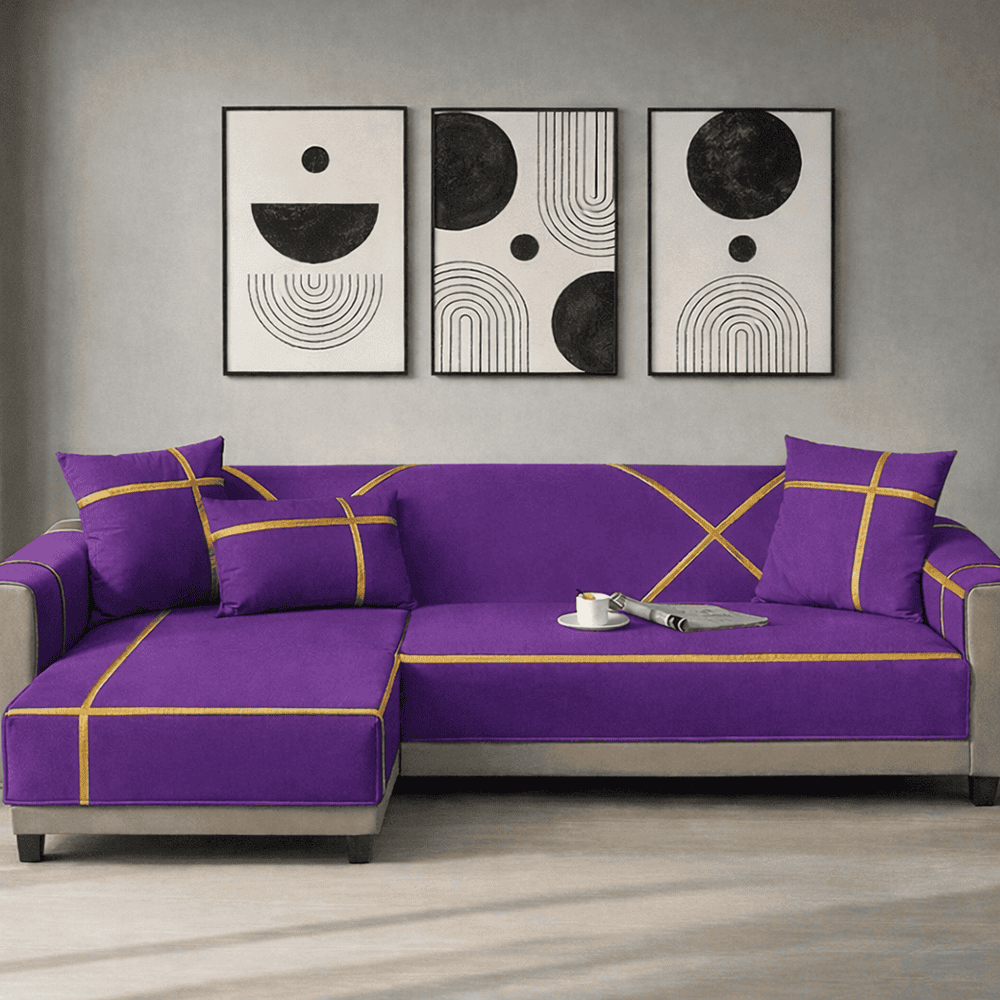 L-Shape Strip Design Velvet Sofa Cover - Purple