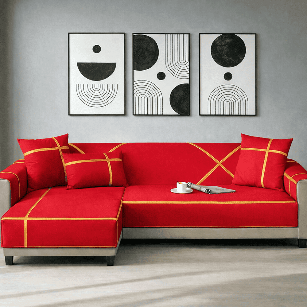 L-Shape Strip Design Velvet Sofa Cover - Red