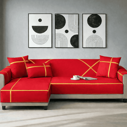 L-Shape Strip Design Velvet Sofa Cover - Red