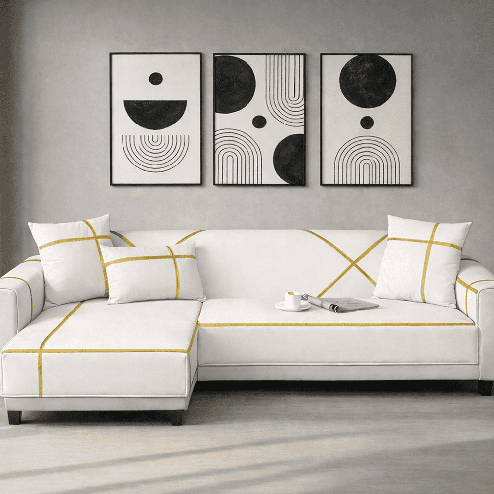 L-Shape Strip Design Velvet Sofa Cover - White