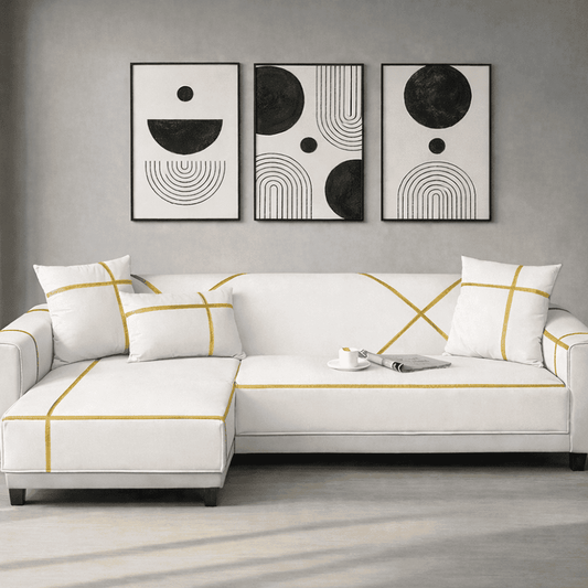 L-Shape Strip Design Velvet Sofa Cover - White