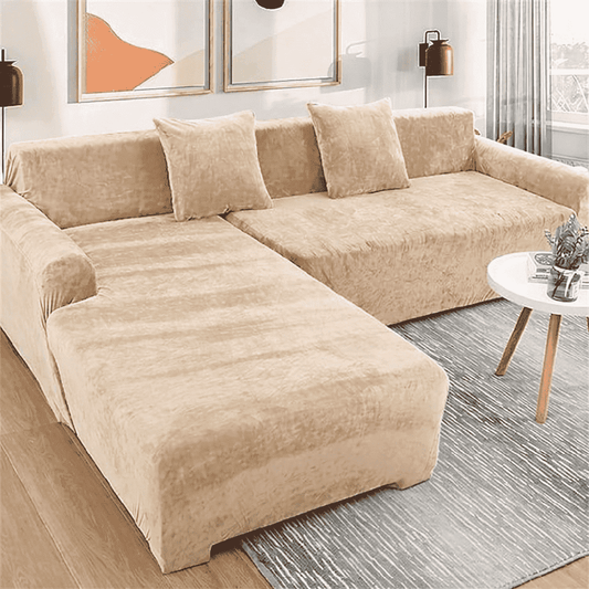 L-Shape Velvet Sofa Cover - Beige